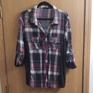 Plaid Button Down Shirt - Black and Purple